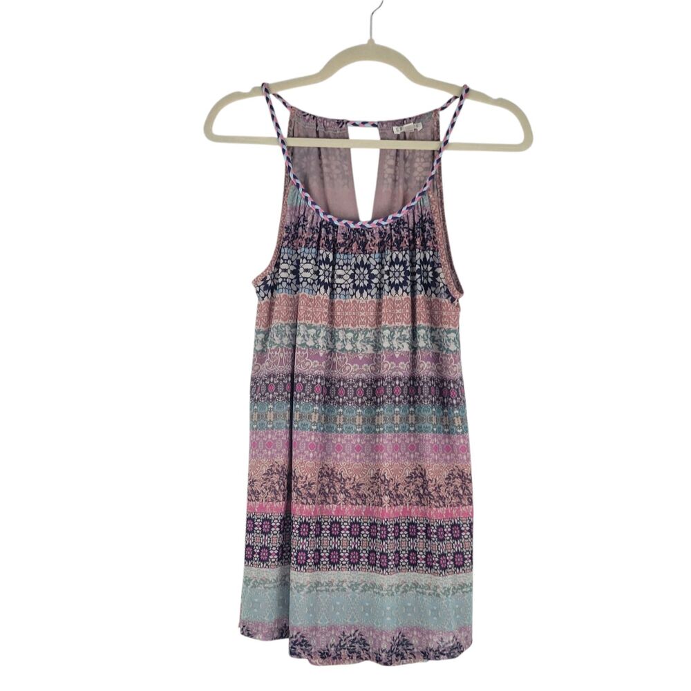 Spense Boho Tank Top Blouse Large Mixed Border Pattern Halter Braided Neck Lined